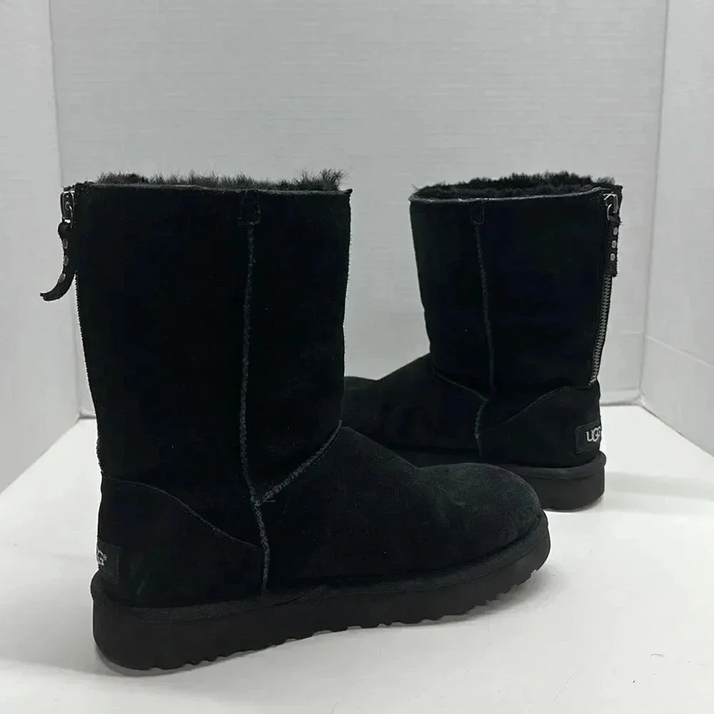 Ugg Boots Classic Short Zip Up Back Suede Shearling Lined Winter Boot Black 6